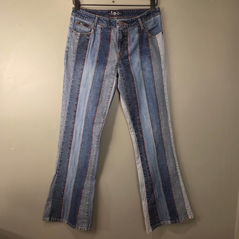 Vtg Y2k LEI Jeans Juniors Patchwork Denim Striped Bootcut Jeans Size 11